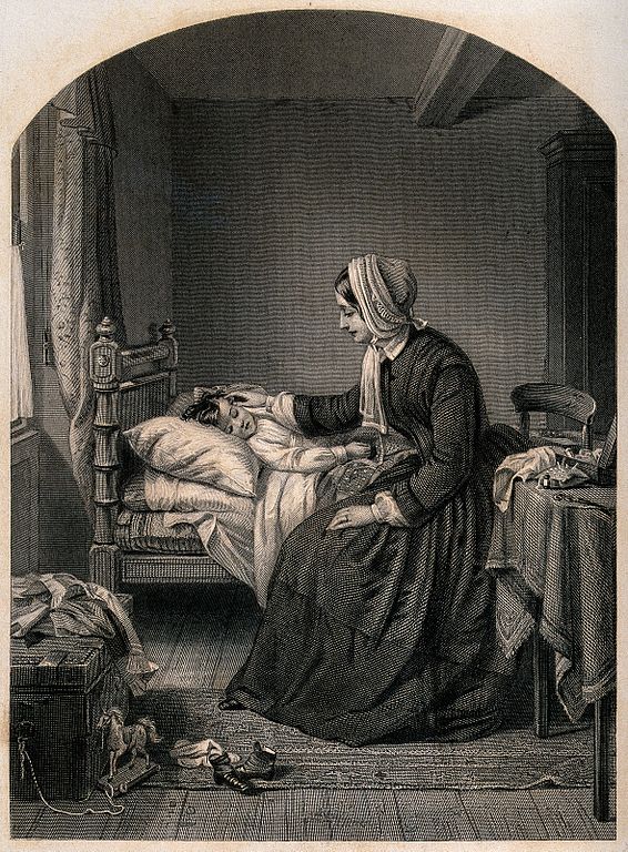 A_mother_sits_by_her_child's_bed_stroking_his_face_while_he_Wellcome_V0038756